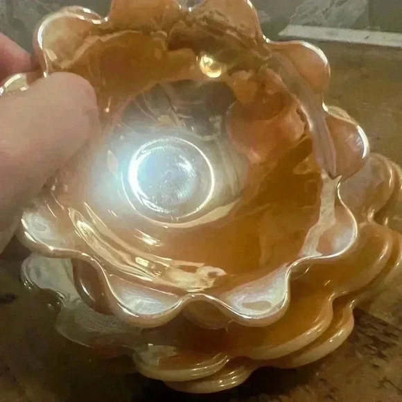 Vintage TWO (2) MCM Fire King Peach Lustre Lotus Flower Bowl And Underplate Set - Picture 8 of 8